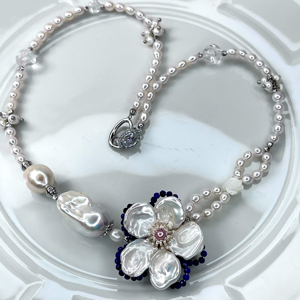 Handmade Freshwater Keshi Flameball Pearl Quartz Lapis MOP Flowers 🌺 Necklace